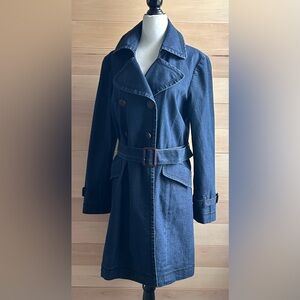 FOCUS 2000, Size 6 blue trench coat 2 pockets removable belt vintage Y2K spandex